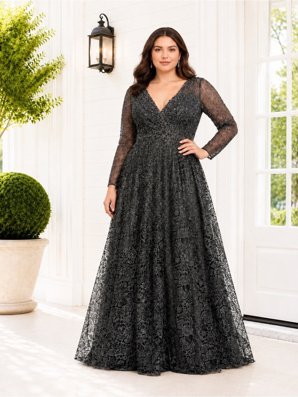 Mac Duggal 20372 Embellished Illusion Long Sleeve V-Neck Evening Gown Size 10